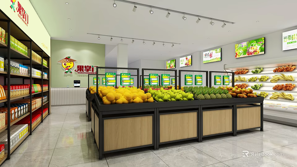 Well Lit Fruit Store Interior With Various Fresh Fruits On Display Shelves And Screens 3d model 