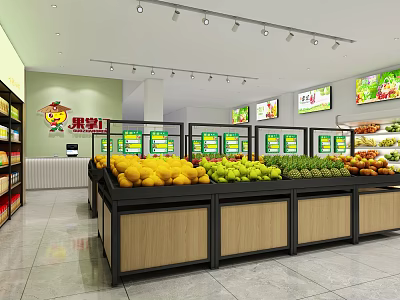 Well Lit Fruit Store Interior With Various Fresh Fruits On Display Shelves And Screens 3d model
