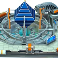 Cartoon Sci-Fi Scene Featuring Circular Structure Blue Pyramid Ring Track Hexagonal Floor and Orange Elements 3d model
