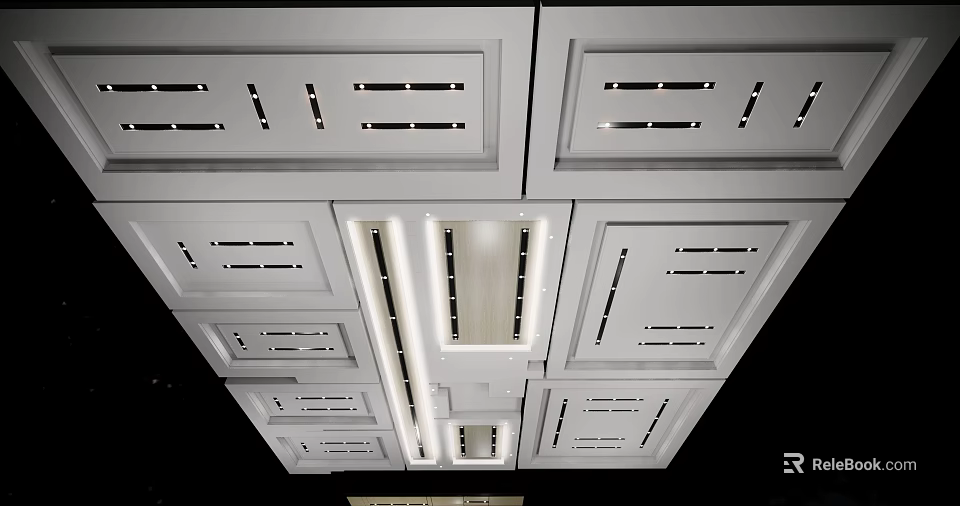 Modern Ceiling Design With Integrated Lighting Elements And Modular Panels 3d model 