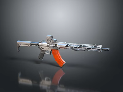 Tactical Rifle With Silver Body Orange Stock Scope Hollow Design On Dark Surface With Reflection 3d model