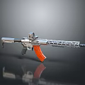 Tactical Rifle With Silver Body Orange Stock Scope Hollow Design On Dark Surface With Reflection