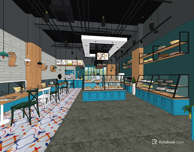 Modern Dessert Shop Interior With Blue Display Counters Wooden Shelves And Colorful Floor 3d model 