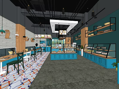 Modern Dessert Shop Interior With Blue Display Counters Wooden Shelves And Colorful Floor 3d model
