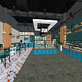 Modern Dessert Shop Interior With Blue Display Counters Wooden Shelves And Colorful Floor