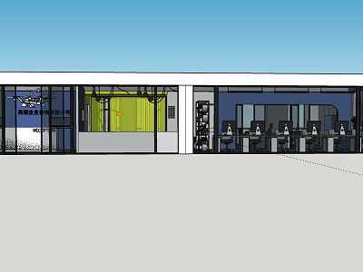 Modern Office Interior Design With Glass Entrance Multiple Workstations And Blue Wall Layout 3d model