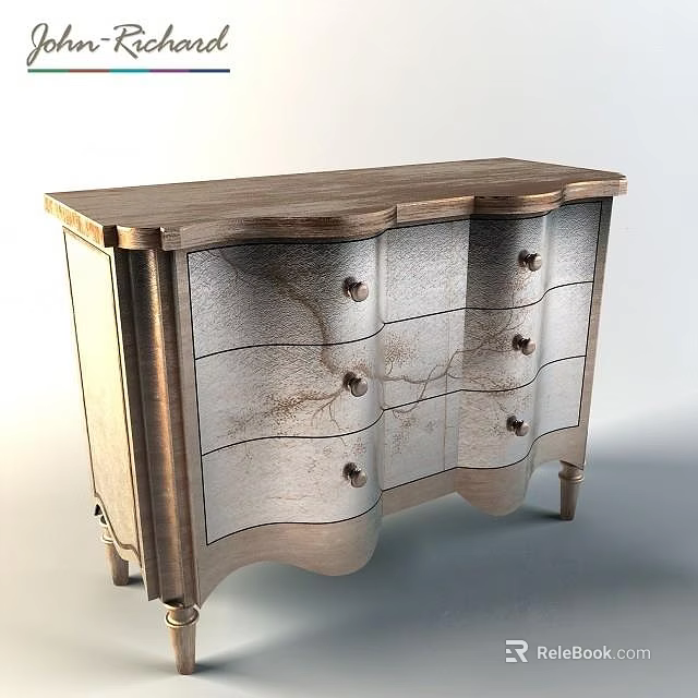 Vintage Entryway Sideboard with Curved Silver Panels and Wooden Frame Drawers 3d model 