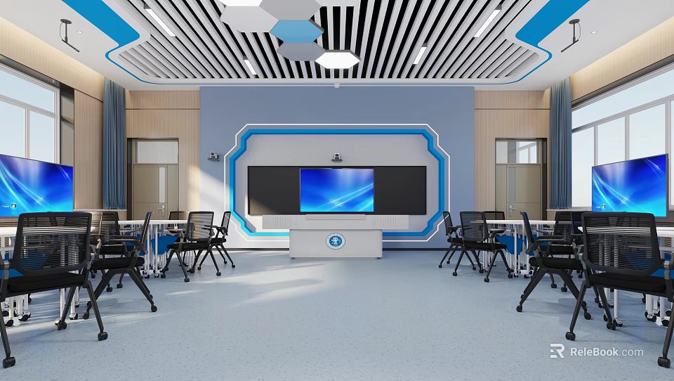 School Smart Classroom Interior With Desks Chairs And Large Screen 3d model 