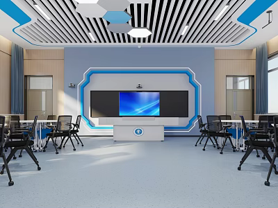 School Smart Classroom Interior With Desks Chairs And Large Screen 3d model
