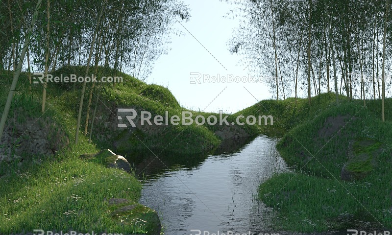 brook bamboo flowers corona scene pond 3d model