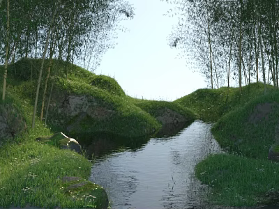 Scenic Natural Landscape With Bamboo Trees Stream Green Grass And Rolling Hills 3d model