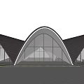 Modern Building Exterior With Curved Roof Glass Facade Greenery And People Walking