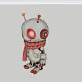 Silver Robot Sculpture With Red Eyes Heart Shaped Antennas Pink Scarf And Red Feet