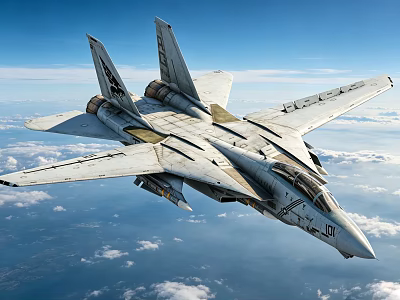 White Fighter Jet Flying Above Clouds With Blue Sky Background Large Wings And Dual Engines 3d model