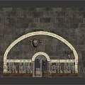 Medieval Stone Wall Interior With Arched Doorway Wooden Shelves Bottles Barrel And Decorative Heads