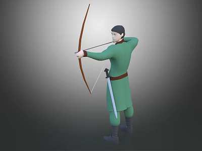 3D Archer Character In Green Robe Holding Longbow With Sword And Pulling Bowstring 3d model
