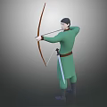 3D Archer Character In Green Robe Holding Longbow With Sword And Pulling Bowstring