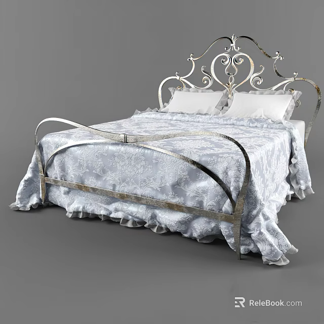 Elegant Double Bed With Ornate Metal Frame And Floral Patterned Bedspread 3d model 
