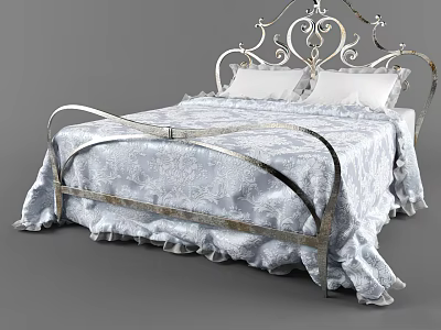 Elegant Double Bed With Ornate Metal Frame And Floral Patterned Bedspread 3d model