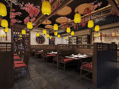 Traditional Chinese Restaurant Interior With Yellow Lanterns And Cherry Blossom Decorations 3d model