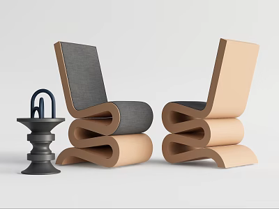 Modern Curved Wooden Single Chair With Gray Fabric Seat And Beige Frame 3d model