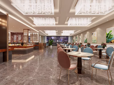 Elegant Restaurant Interior With Crystal Chandeliers Colored Chairs And Marble Flooring 3d model