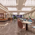 Elegant Restaurant Interior With Crystal Chandeliers Colored Chairs And Marble Flooring