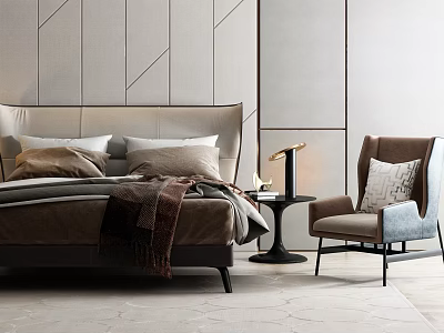 Modern Background Double Bed with Upholstered Headboard Pillows Throw Blanket and Armchair 3d model