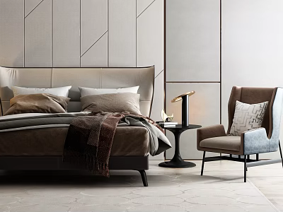 Modern Background Double Bed with Upholstered Headboard Pillows Throw Blanket and Armchair 3d model