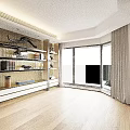 Elegant Modern Golden Bookcase with Layered Design Glass Doors and Decorative Items in Living Room