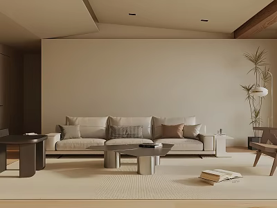 Minimalist Modern Living Room Interior Design With Beige Sofa Coffee Table And Throw Pillows 3d model