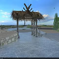 Cartoon Scenic Village with Thatched Cottages Lily Pads Lotus Flowers and Trees under Blue Sky