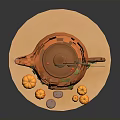 Cartoon Scene Featuring Orange Teapot Shaped House with Green Leaves Smoky Chimney Pumpkins and Stones