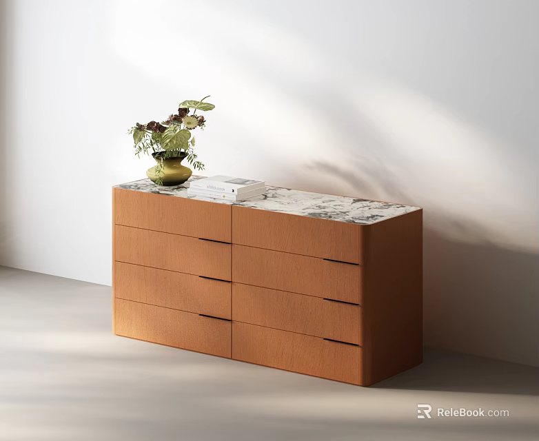 Brown Wooden Chest of Drawers with Marble Top and Decorative Green Vase with Flowers 3d model 