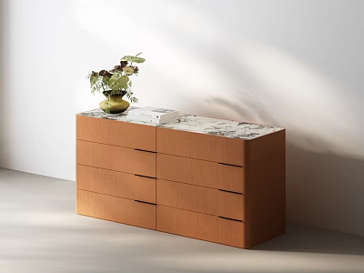 Brown Wooden Chest of Drawers with Marble Top and Decorative Green Vase with Flowers 3d model