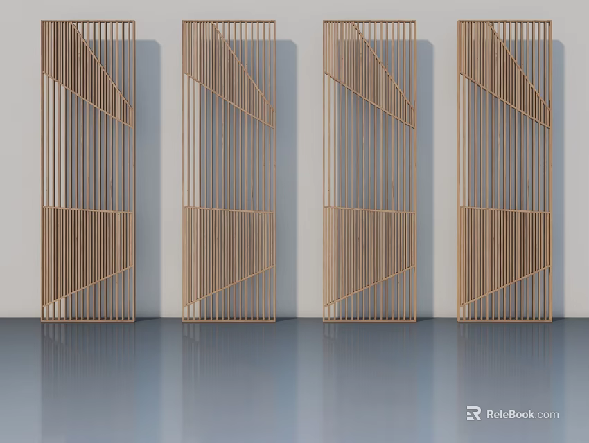 Four Wooden Hinged Doors With Geometric Patterns Arranged Against Light Colored Wall On Smooth Floor 3d model 