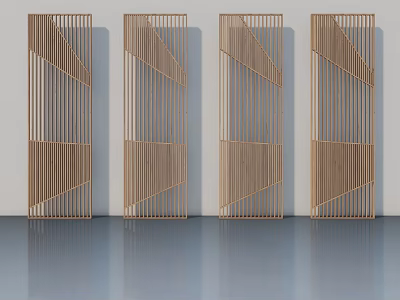 Four Wooden Hinged Doors With Geometric Patterns Arranged Against Light Colored Wall On Smooth Floor 3d model