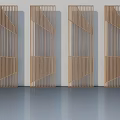 Four Wooden Hinged Doors With Geometric Patterns Arranged Against Light Colored Wall On Smooth Floor