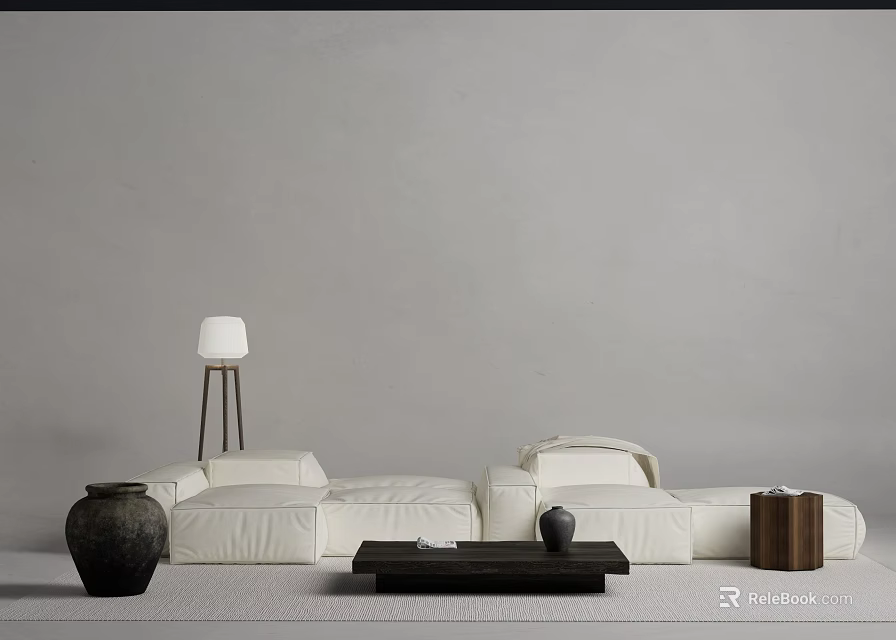 Modern White Sofa and Coffee Table Set with Floor Lamp Ceramic Jar and Side Table 3d model