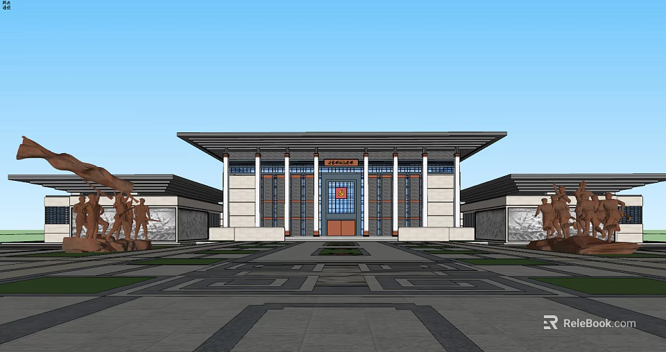 Traditional Modern Public Building Exterior With Symmetric Design Statues Wide Steps And Red Gate 3d model 