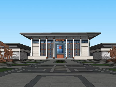 Traditional Modern Public Building Exterior With Symmetric Design Statues Wide Steps And Red Gate 3d model