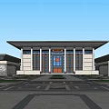 Traditional Modern Public Building Exterior With Symmetric Design Statues Wide Steps And Red Gate