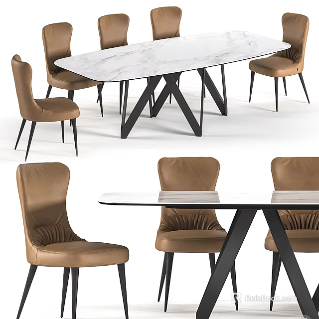 Modern Dining Table Set With White Marble Top Black Metal Legs And Brown Leather Chairs 3d model 