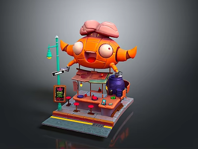 Colorful Cartoon Food Stall With Orange Character Pink Brain Head Street Lamp And Tables 3d model