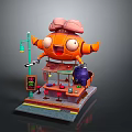 Colorful Cartoon Food Stall With Orange Character Pink Brain Head Street Lamp And Tables