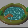 Round Pool Scene With Wooden Bridge Small Boat Green Trees And White Stones