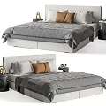 Minimalist Double Bed with Gray Bedding Brown White Pillows and Bedside Decorative Items