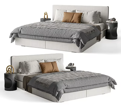 Minimalist Double Bed with Gray Bedding Brown White Pillows and Bedside Decorative Items 3d model