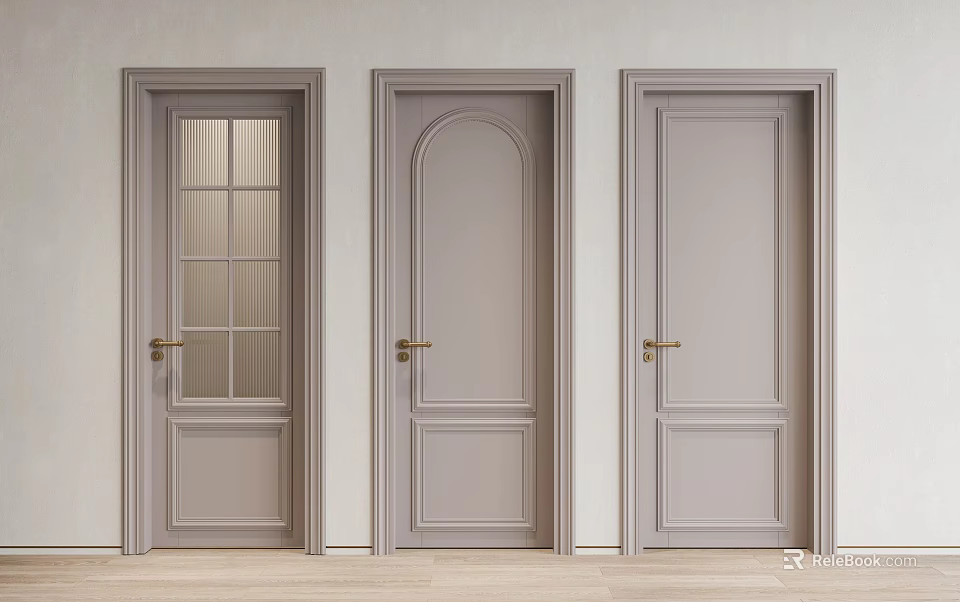 Light Gray Hinged Doors With Golden Handles Glass Panes Arched Top And Flat Panel Design 3d model