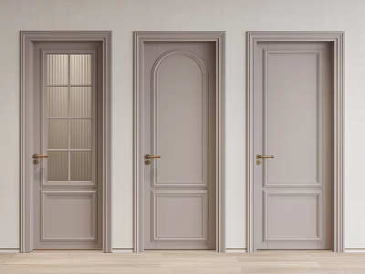 Light Gray Hinged Doors With Golden Handles Glass Panes Arched Top And Flat Panel Design 3d model